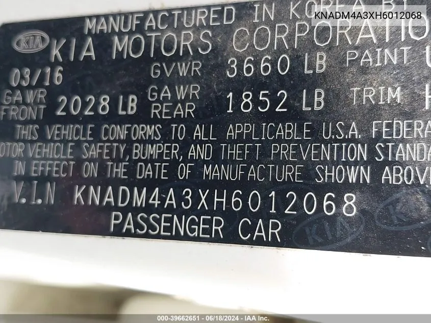 KNADM4A3XH6012068 2017 Kia Rio Lx