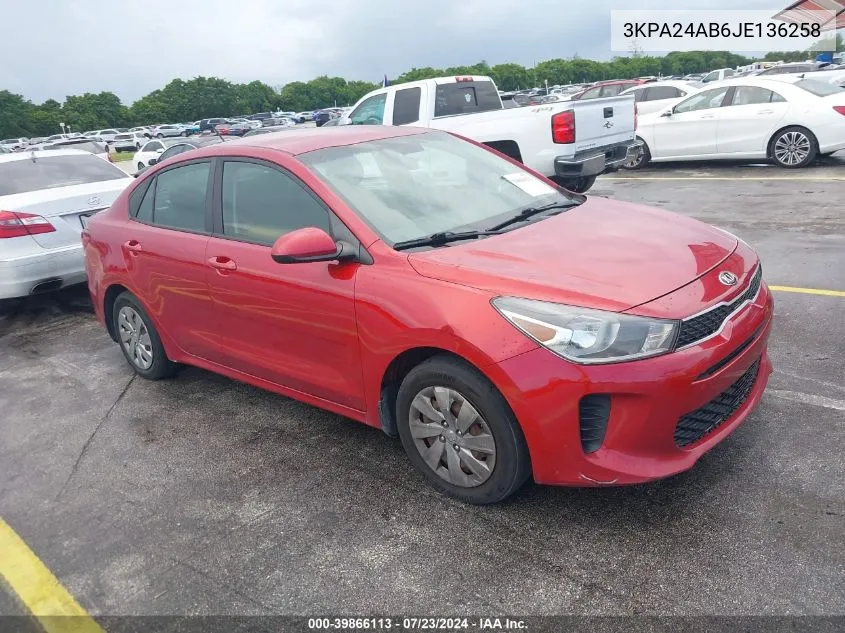 2018 Kia Rio S VIN: 3KPA24AB6JE136258 Lot: 39866113