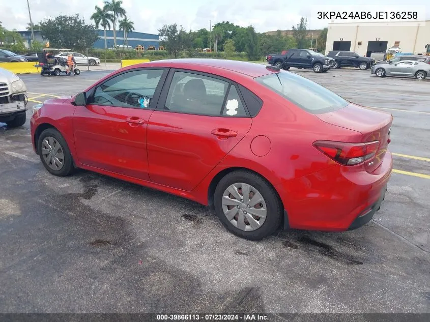 2018 Kia Rio S VIN: 3KPA24AB6JE136258 Lot: 39866113