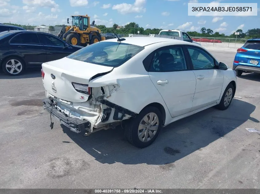 2018 Kia Rio S VIN: 3KPA24AB3JE058571 Lot: 40391758