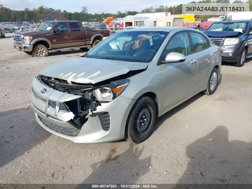 2018 Kia Rio S VIN: 3KPA24AB3JE118431 Lot: 40747003