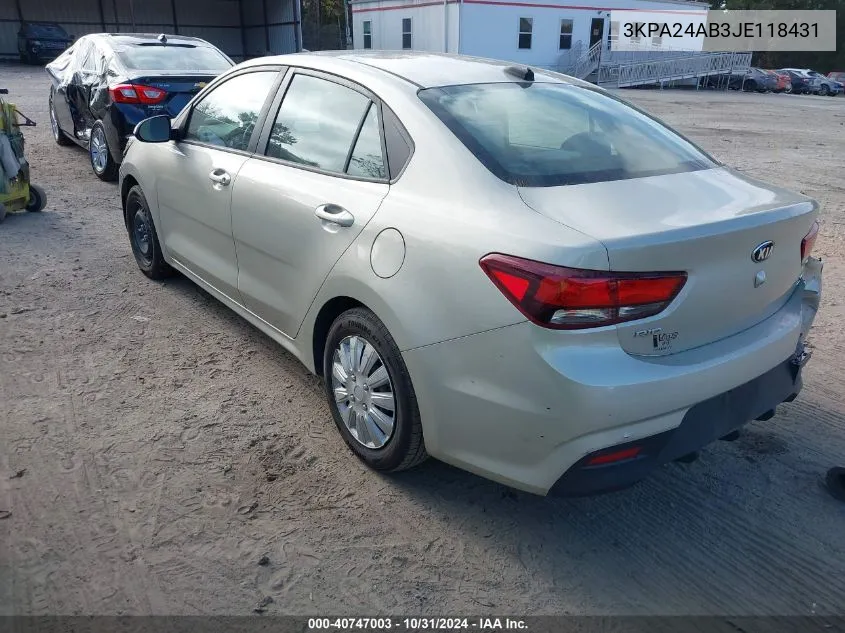 2018 Kia Rio S VIN: 3KPA24AB3JE118431 Lot: 40747003