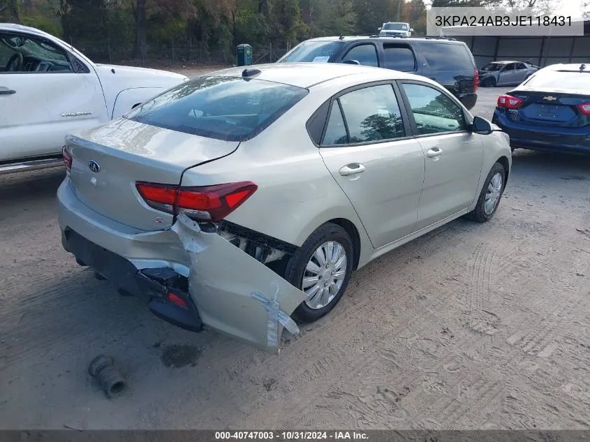 2018 Kia Rio S VIN: 3KPA24AB3JE118431 Lot: 40747003