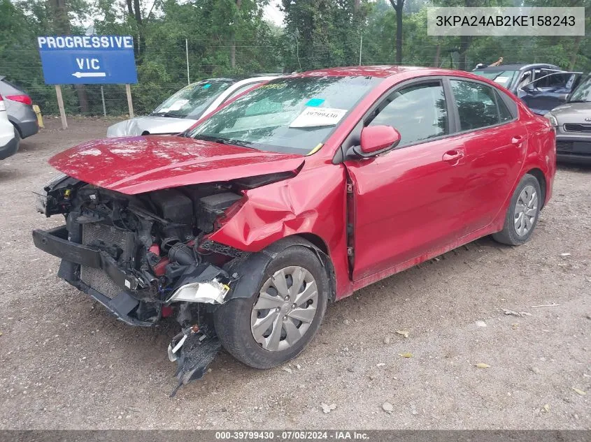 2019 Kia Rio S VIN: 3KPA24AB2KE158243 Lot: 39799430