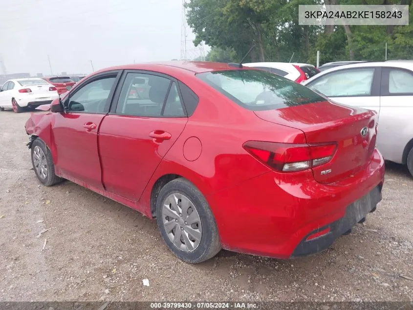 2019 Kia Rio S VIN: 3KPA24AB2KE158243 Lot: 39799430