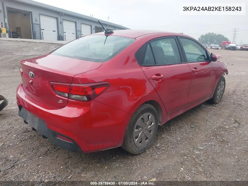 2019 Kia Rio S VIN: 3KPA24AB2KE158243 Lot: 39799430