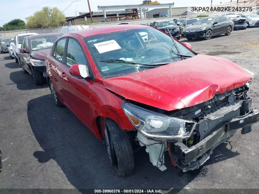 2019 Kia Rio S VIN: 3KPA24AB2KE243275 Lot: 39960376