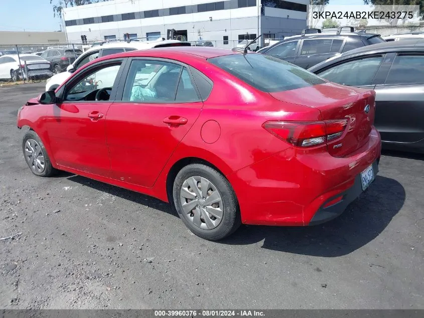 3KPA24AB2KE243275 2019 Kia Rio S