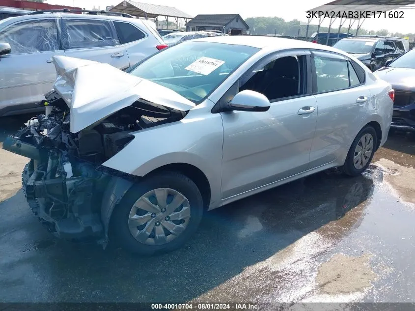 2019 Kia Rio S VIN: 3KPA24AB3KE171602 Lot: 40010704