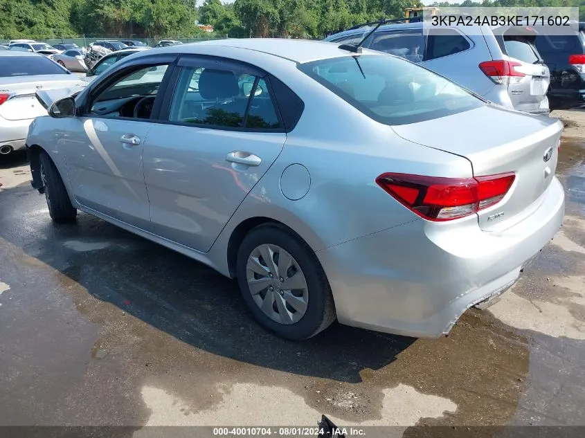 2019 Kia Rio S VIN: 3KPA24AB3KE171602 Lot: 40010704