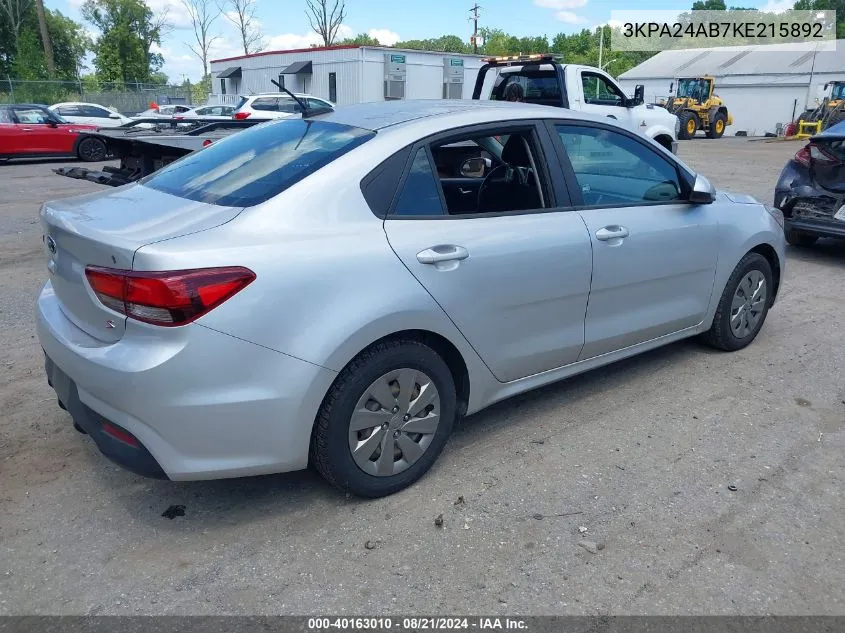 2019 Kia Rio S VIN: 3KPA24AB7KE215892 Lot: 40163010