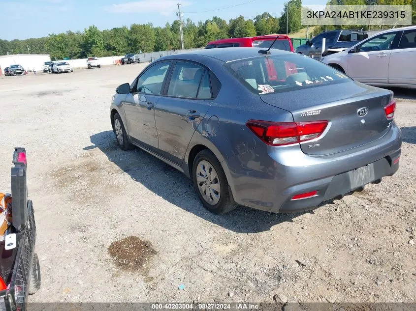 2019 Kia Rio S VIN: 3KPA24AB1KE239315 Lot: 40203004