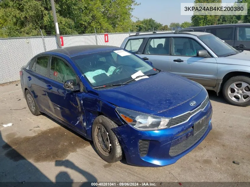 2019 Kia Rio S VIN: 3KPA24AB4KE200380 Lot: 40281041