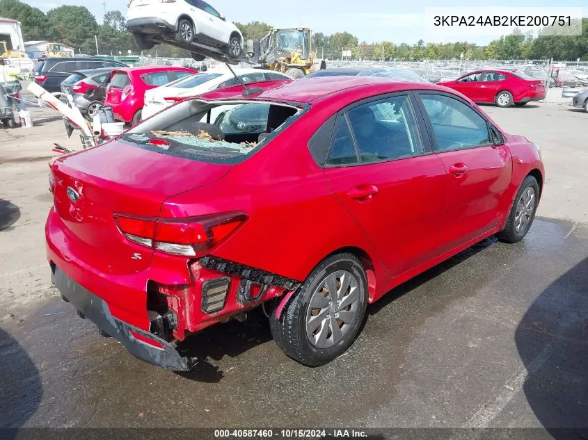 2019 Kia Rio S VIN: 3KPA24AB2KE200751 Lot: 40587460