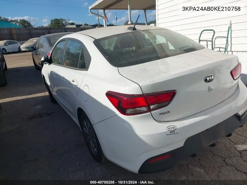 2019 Kia Rio Lx VIN: 3KPA24AB0KE210758 Lot: 40755205