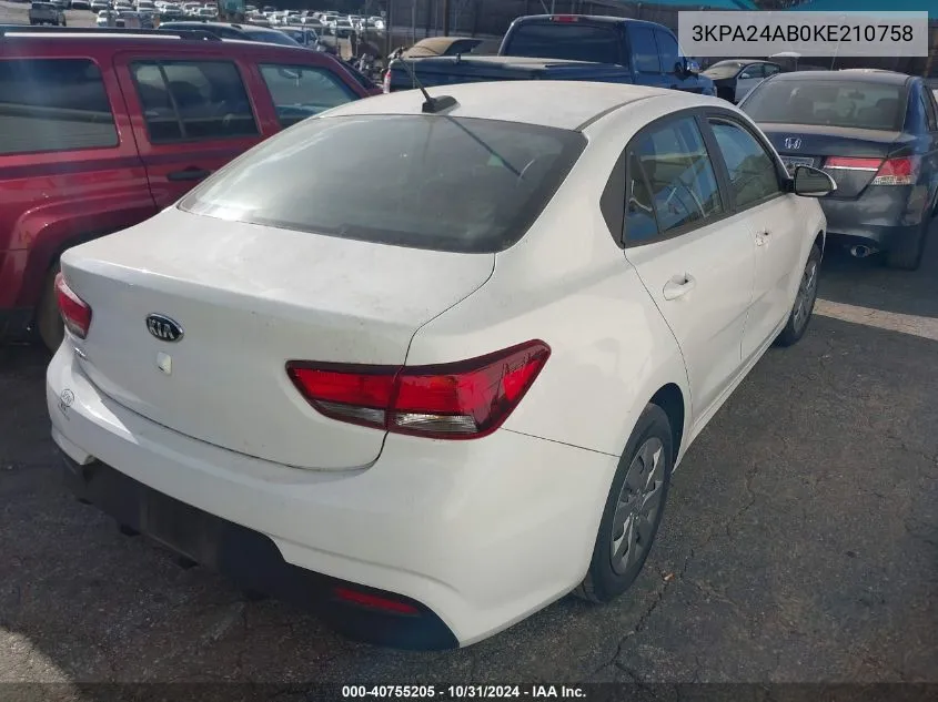 2019 Kia Rio Lx VIN: 3KPA24AB0KE210758 Lot: 40755205