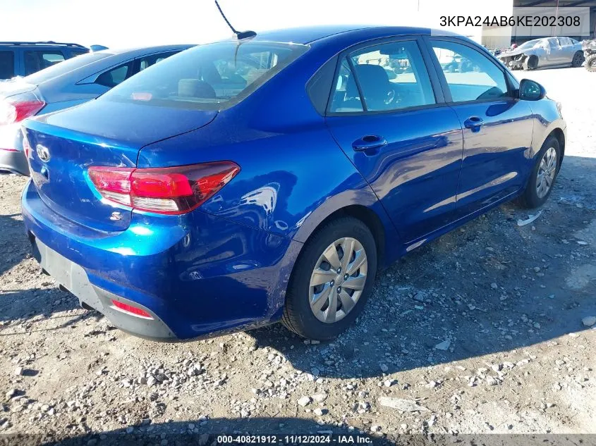 2019 Kia Rio S VIN: 3KPA24AB6KE202308 Lot: 40821912