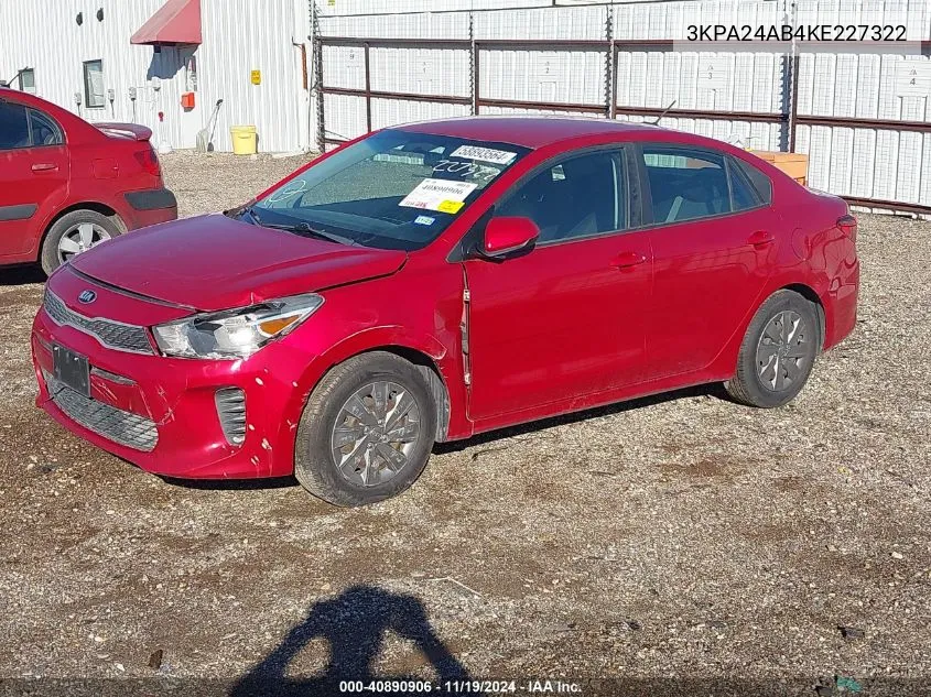 2019 Kia Rio S VIN: 3KPA24AB4KE227322 Lot: 40890906