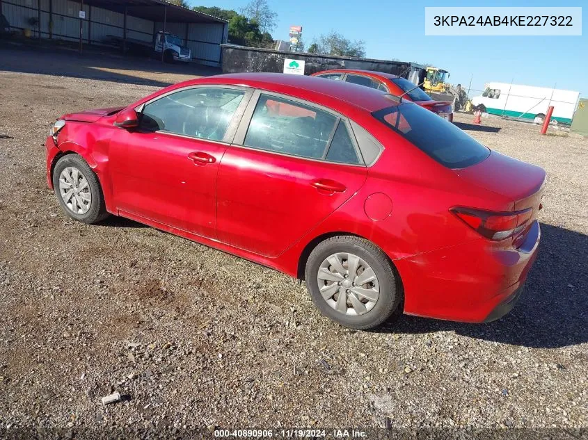 2019 Kia Rio S VIN: 3KPA24AB4KE227322 Lot: 40890906