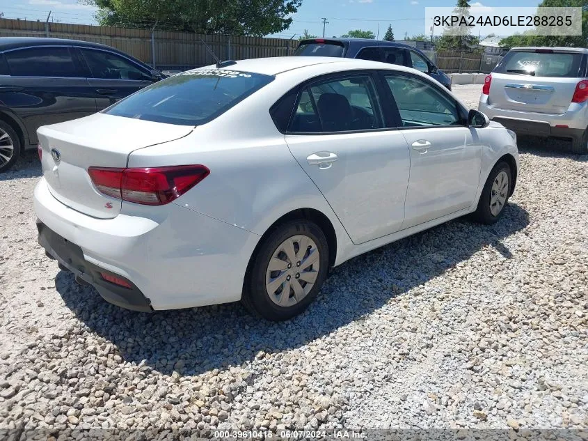 2020 Kia Rio S VIN: 3KPA24AD6LE288285 Lot: 39610415