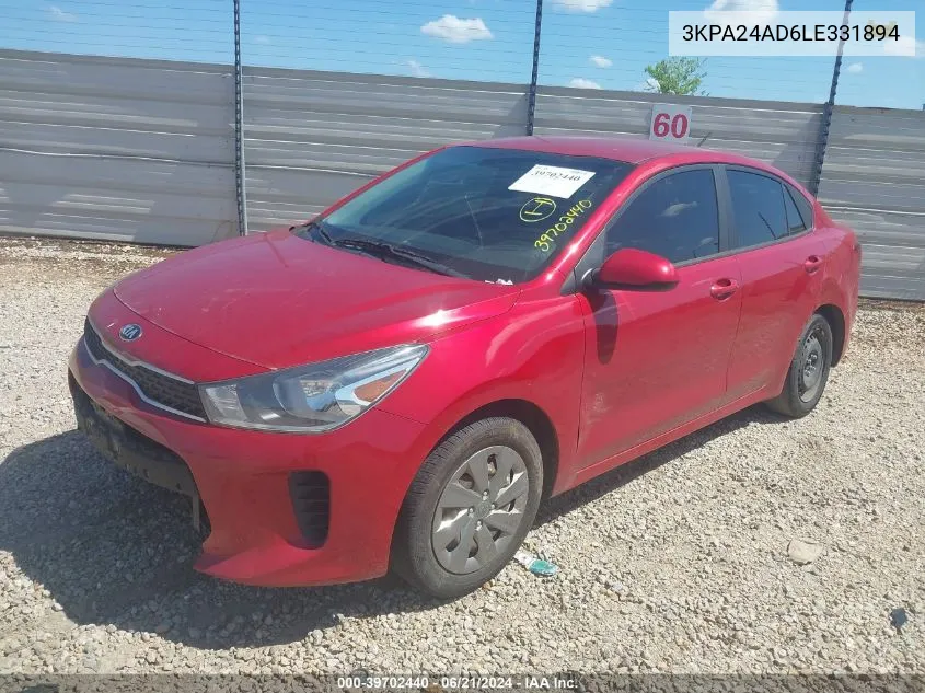 2020 Kia Rio S VIN: 3KPA24AD6LE331894 Lot: 39702440