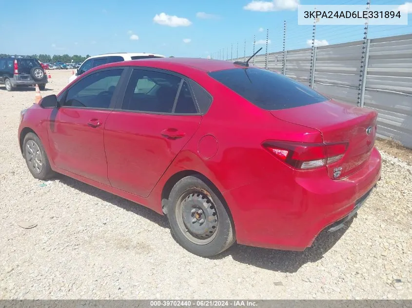 2020 Kia Rio S VIN: 3KPA24AD6LE331894 Lot: 39702440