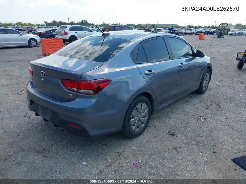 2020 Kia Rio S VIN: 3KPA24AD0LE262670 Lot: 39843683