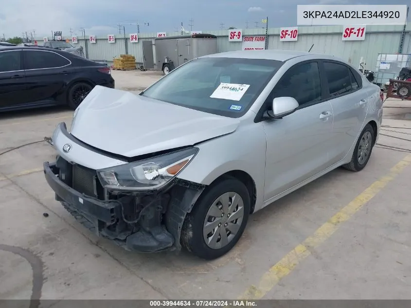 2020 Kia Rio S VIN: 3KPA24AD2LE344920 Lot: 39944634