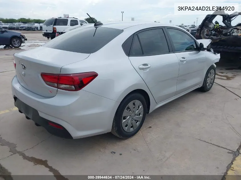 3KPA24AD2LE344920 2020 Kia Rio S