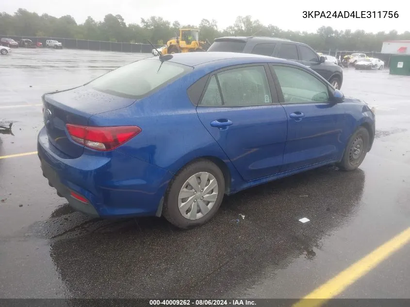 2020 Kia Rio S VIN: 3KPA24AD4LE311756 Lot: 40009262