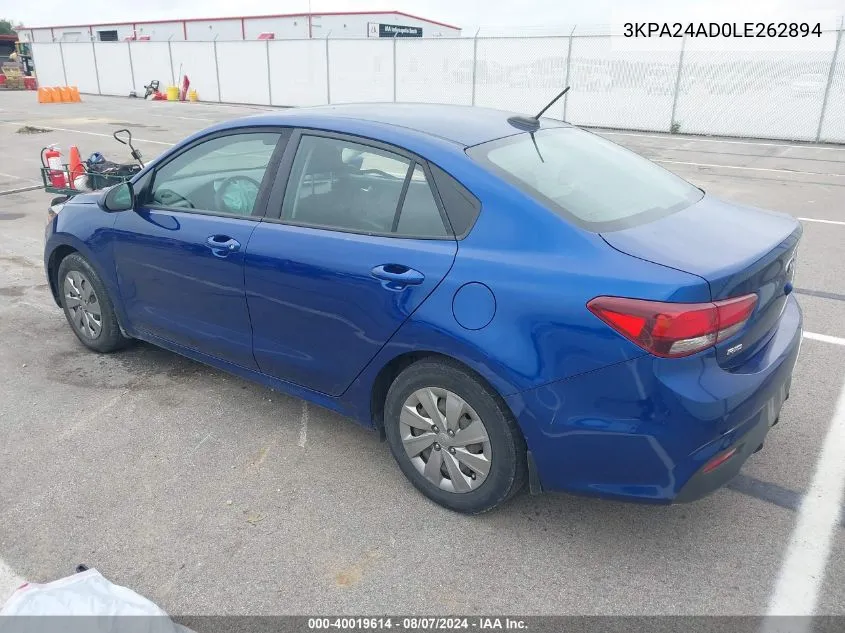 2020 Kia Rio S VIN: 3KPA24AD0LE262894 Lot: 40019614