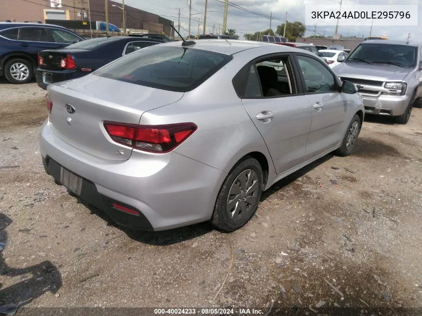 2020 Kia Rio S VIN: 3KPA24AD0LE295796 Lot: 40024233