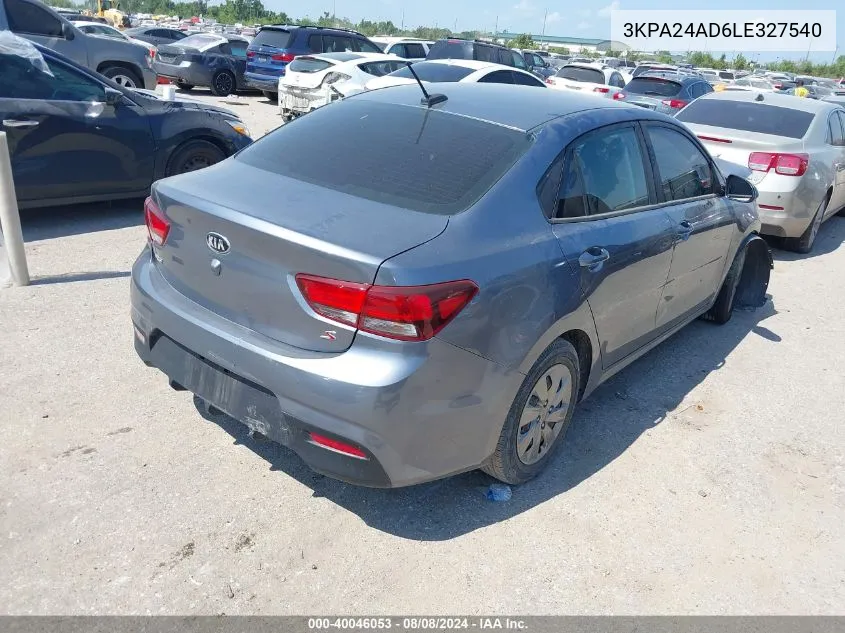 2020 Kia Rio S VIN: 3KPA24AD6LE327540 Lot: 40046053