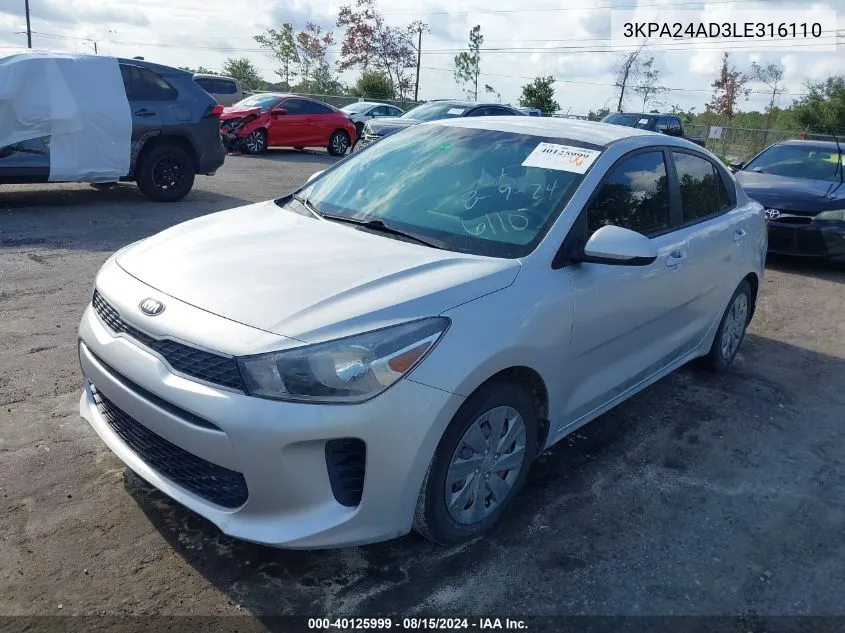 2020 Kia Rio Lx VIN: 3KPA24AD3LE316110 Lot: 40125999