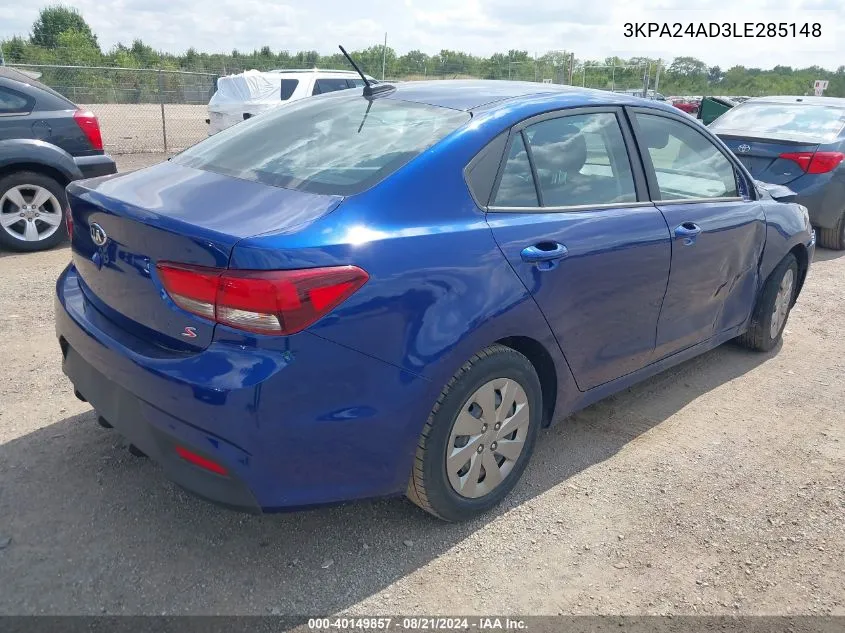 2020 Kia Rio S VIN: 3KPA24AD3LE285148 Lot: 40149857