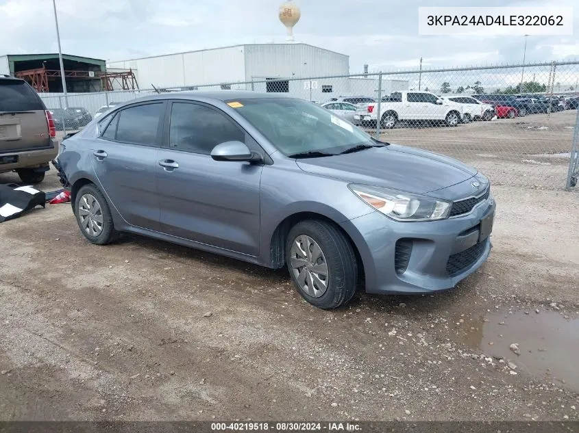 2020 Kia Rio S VIN: 3KPA24AD4LE322062 Lot: 40219518