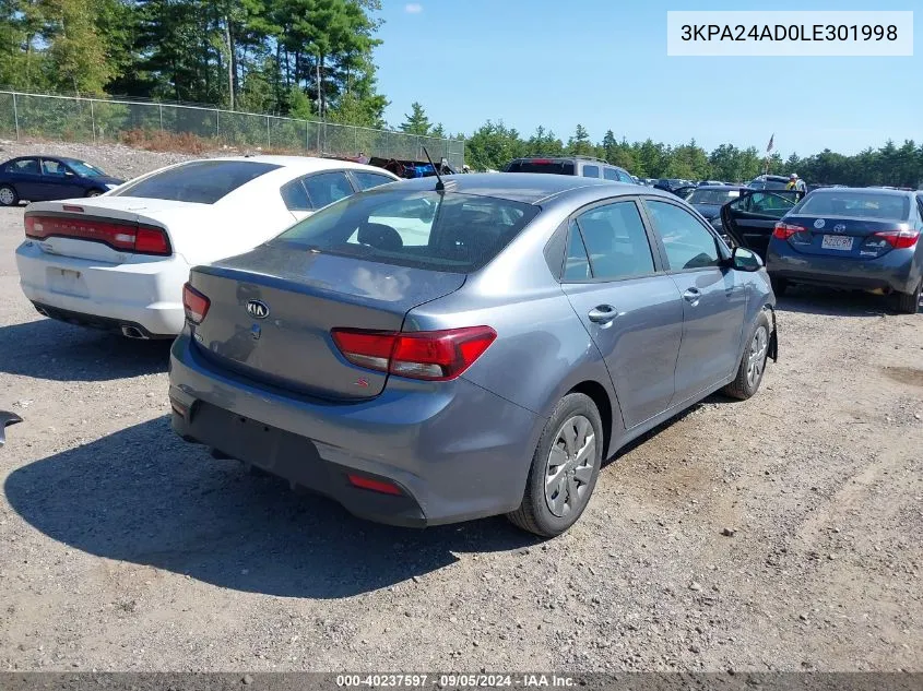 2020 Kia Rio S VIN: 3KPA24AD0LE301998 Lot: 40237597