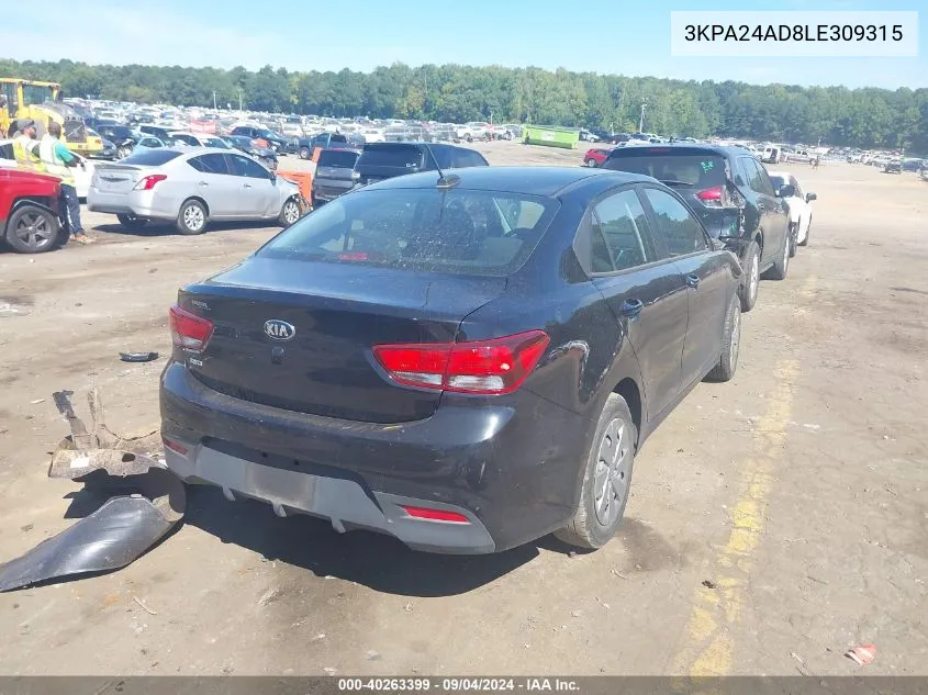 2020 Kia Rio Lx VIN: 3KPA24AD8LE309315 Lot: 40263399