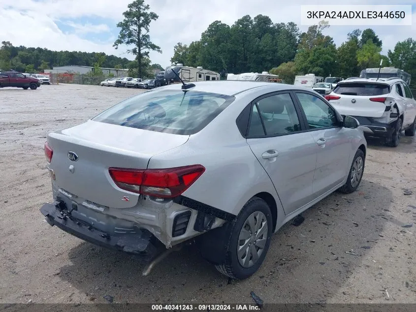 2020 Kia Rio S VIN: 3KPA24ADXLE344650 Lot: 40341243