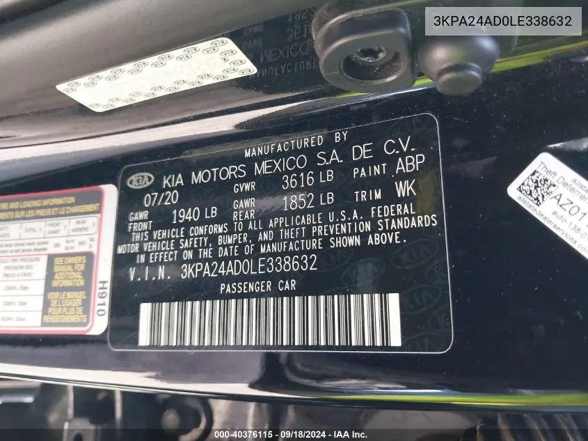 3KPA24AD0LE338632 2020 Kia Rio Lx/S