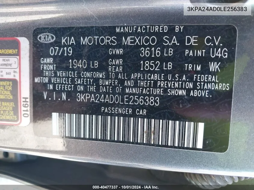 2020 Kia Rio Lx/S VIN: 3KPA24AD0LE256383 Lot: 40477337