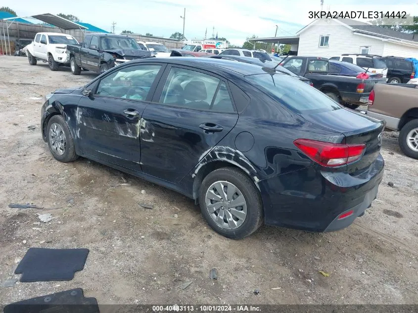 2020 Kia Rio Lx VIN: 3KPA24AD7LE314442 Lot: 40483113