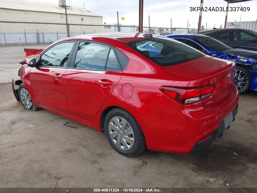 2020 Kia Rio S VIN: 3KPA24AD3LE337409 Lot: 40611324