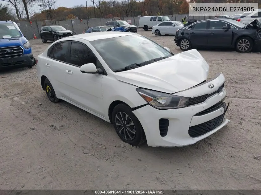 2020 Kia Rio S VIN: 3KPA24AD6LE274905 Lot: 40681641