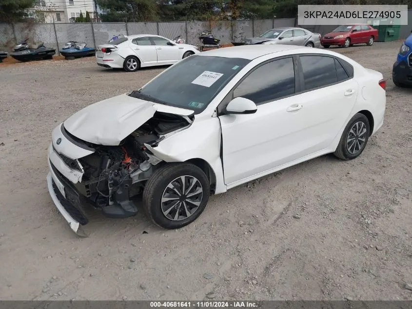 2020 Kia Rio S VIN: 3KPA24AD6LE274905 Lot: 40681641