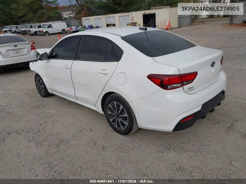 2020 Kia Rio S VIN: 3KPA24AD6LE274905 Lot: 40681641