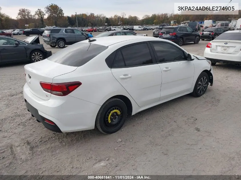 2020 Kia Rio S VIN: 3KPA24AD6LE274905 Lot: 40681641