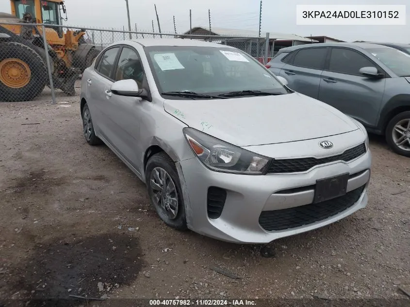 2020 Kia Rio Lx VIN: 3KPA24AD0LE310152 Lot: 40757982