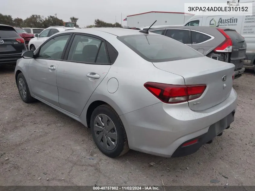 2020 Kia Rio Lx VIN: 3KPA24AD0LE310152 Lot: 40757982