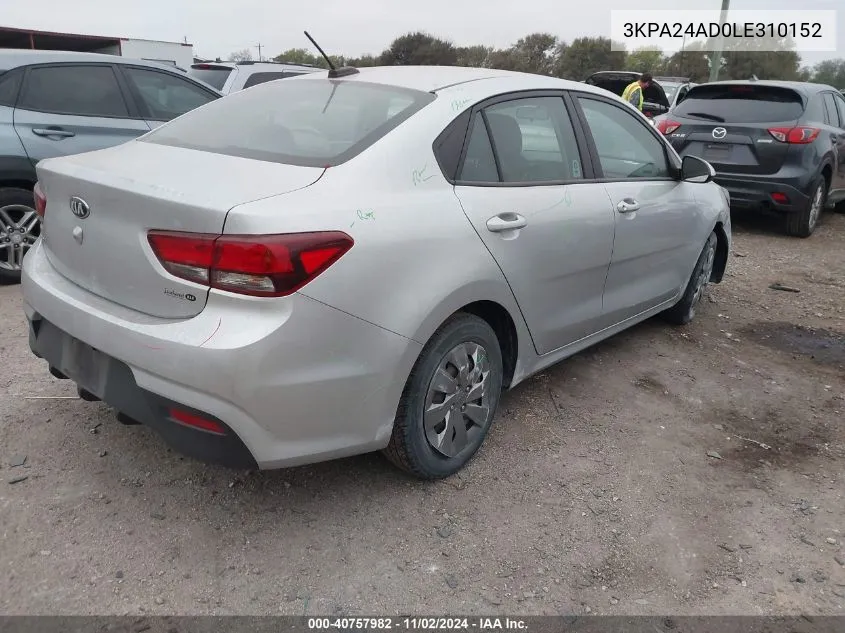 2020 Kia Rio Lx VIN: 3KPA24AD0LE310152 Lot: 40757982